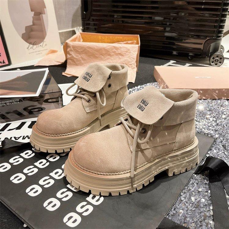

European matte leather Martin boots 2025 new letter lapel locomotive boots big yellow boots two wear muffin women s shoes 35