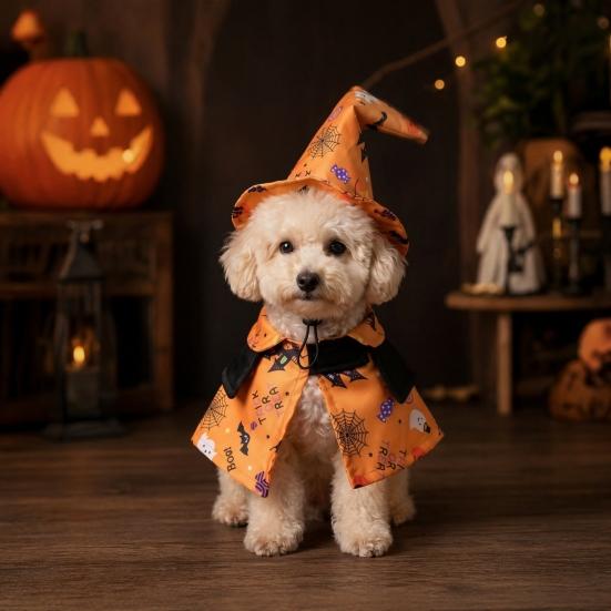 Jijijing 1 Set Halloween Pet Costume, Adjustable Wizard Hat And Cape, Cute Pumpkin Ghost Prints, Fun Outfit for Small Dogs Cats Festive Apparel