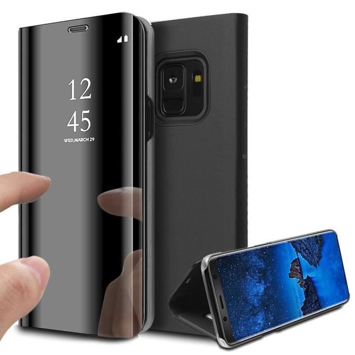 Coque pour Samsung Galaxy A9 2018 - Phonillico - Housse Miroir Noir - Protection Rabat - Multi-positions