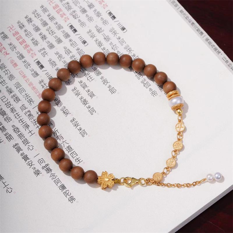 Indian Old Mountain Sandalwood & Pearl Silver-Plated Small Flower Beaded Bracelet
