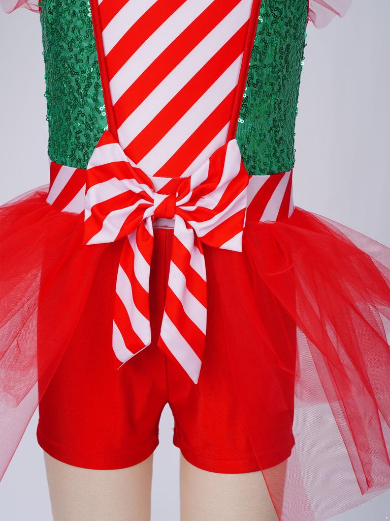Sequins Candy Cane Stripe Tulle Dress for Girls Ruffle Sleeves Bowknot Built-in Shorts Christmas Stage Theme Party Costume