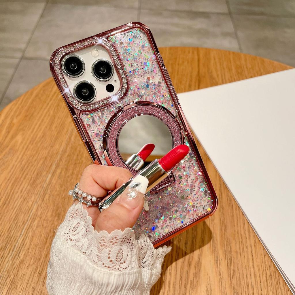 The Mirror Magnetic Stand Is Suitable for Apple 16 Phone Cases, 15promax Water Diamond Luxury 14 Epoxy Resin Glitter Case