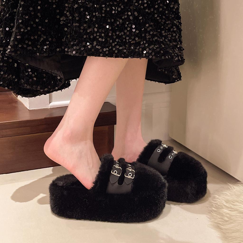 New bag head hair slippers women's cm thick-soled warm hair shoes comfortable home flat-soled hair slippers