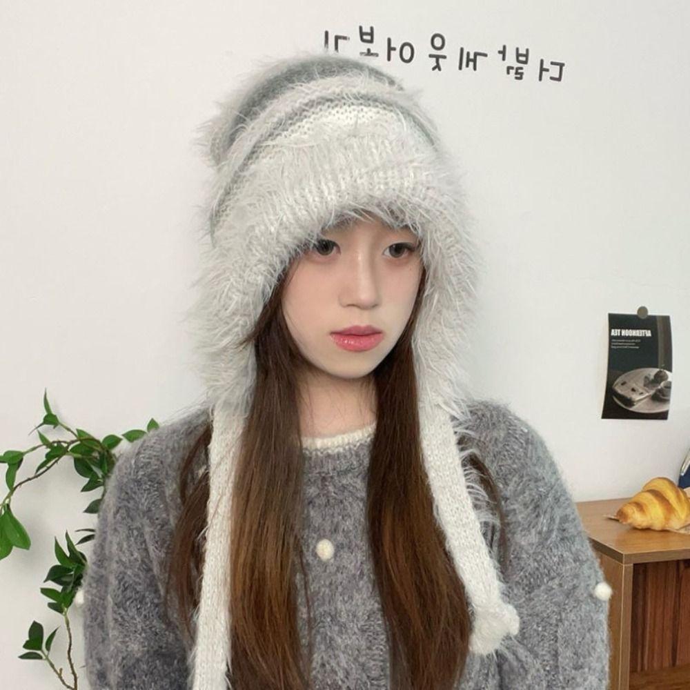 Hand-crocheted Y2k Handbag-hat New Design Pullover Beanie Hat Winter Striped Drawstring Hat Women