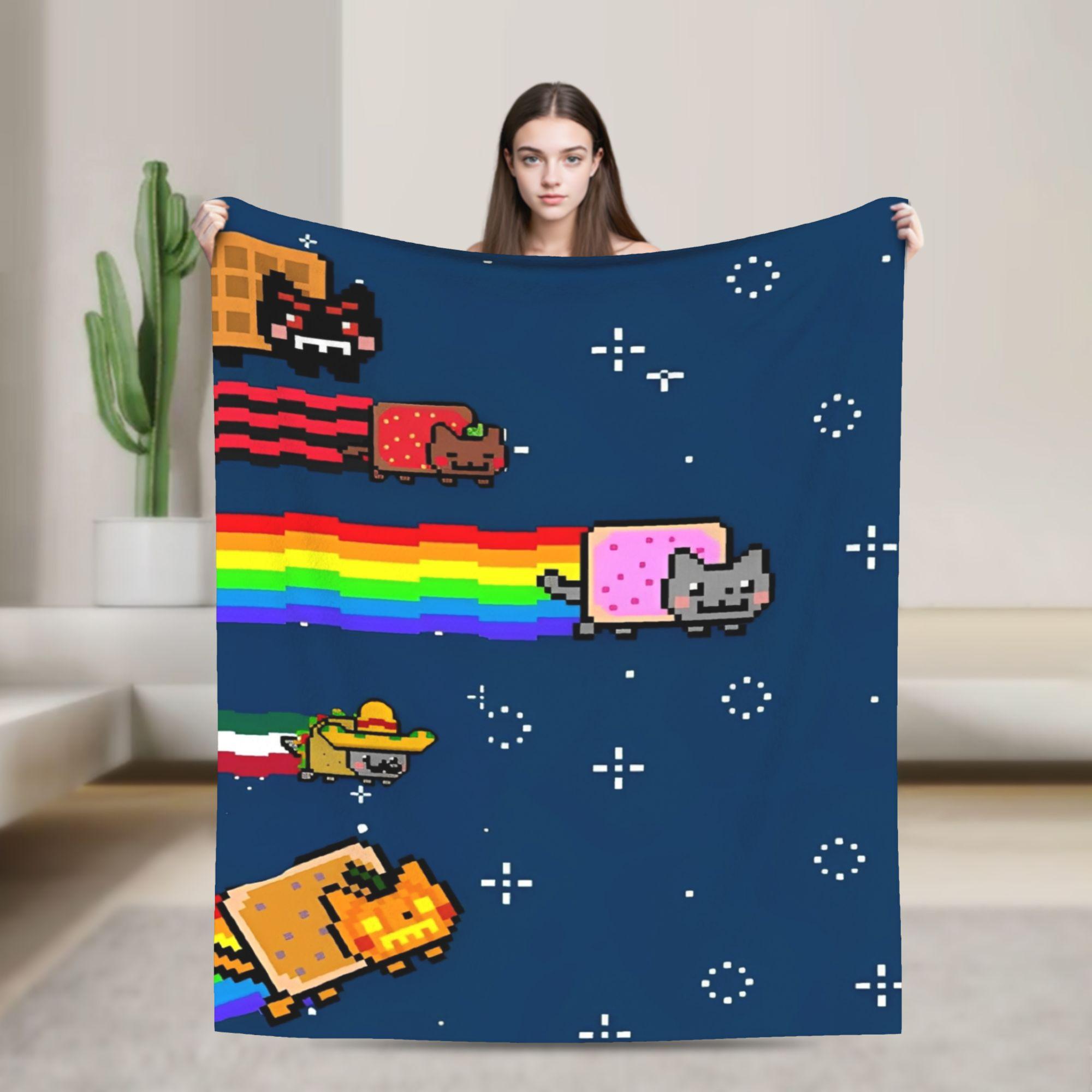 

Cat Rainbow Pixel Blanket Flannel Spring Autumn Nyans Portable Lightweight Throw Blanket for Bed Office Plush Thin Quilt 100x150cm