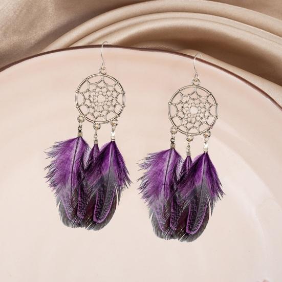 1 Pair Retro Bohemia Women Hook Earrings Feather Tassel Round Drop Earrings