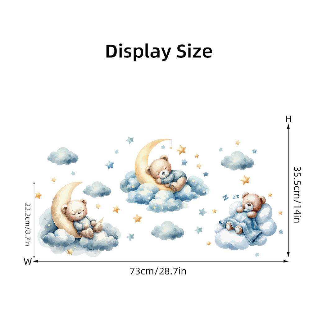Watercolor Bear Sleep Moon Cloud Wall Stickes Fit For Baby Room Kids Bedroom Wall Decals Nursery Kindergarten Background Wall Decor