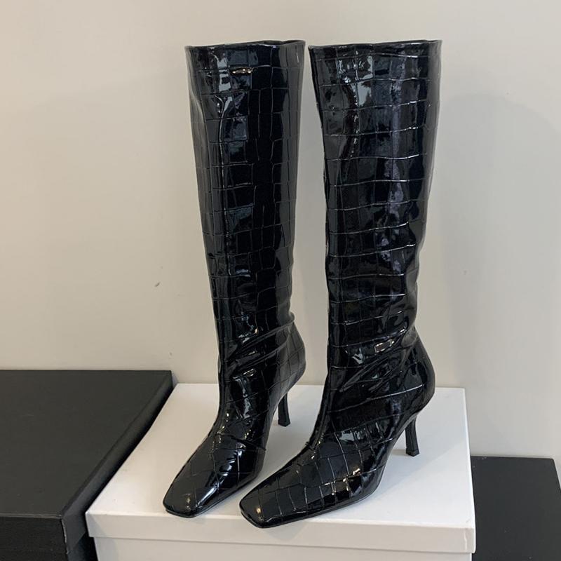 Fashion Liyke Winter Street Style Square Toe Leather Knee-High Women Boots Punk Thin Heels Shoes Female Long Booties Zapatos De Mujer