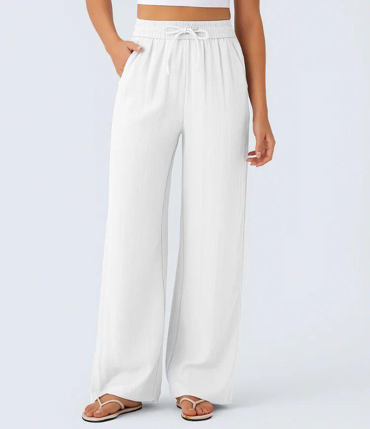 

High-Waisted Drawstring Linen Wide-Leg Pants with Side Pockets, Flowy and Elastic for Casual Beach Wear (2025). XL