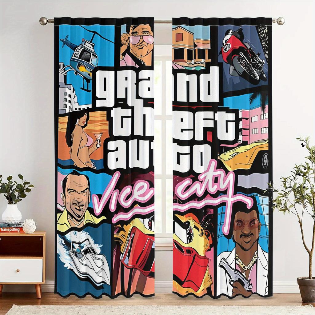 Tende Oscuranti a Tema Retro Gaming Gta Vice City - Poliestere Lavabili in Lavatrice Tende con Tasca per Asta Con Vivace Grafica di Gioco