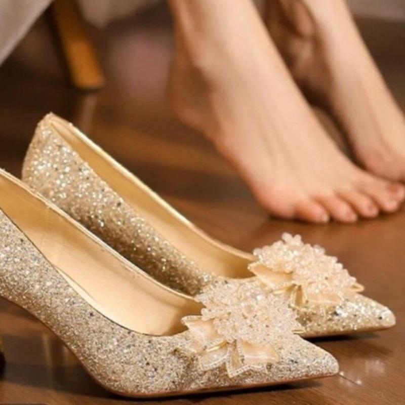 Rhinestone Flower Block Heel Single Shoes Fashion Pointed Toe Shallow Mouth Slip-On Pump Heels