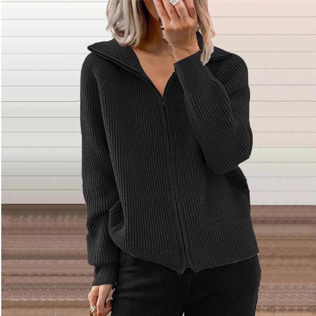 Women's Striped Knit Zip Cardigan: Autumn-Winter Loose Fit, Long Sleeve, Turn-Down Collar