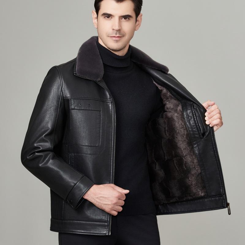 Genuine Leather Jacket Men's Winter Velvet Thickened Fur All-in-one Middle-aged and Elderly Casual Jacket Sheepskin Leather Jacket