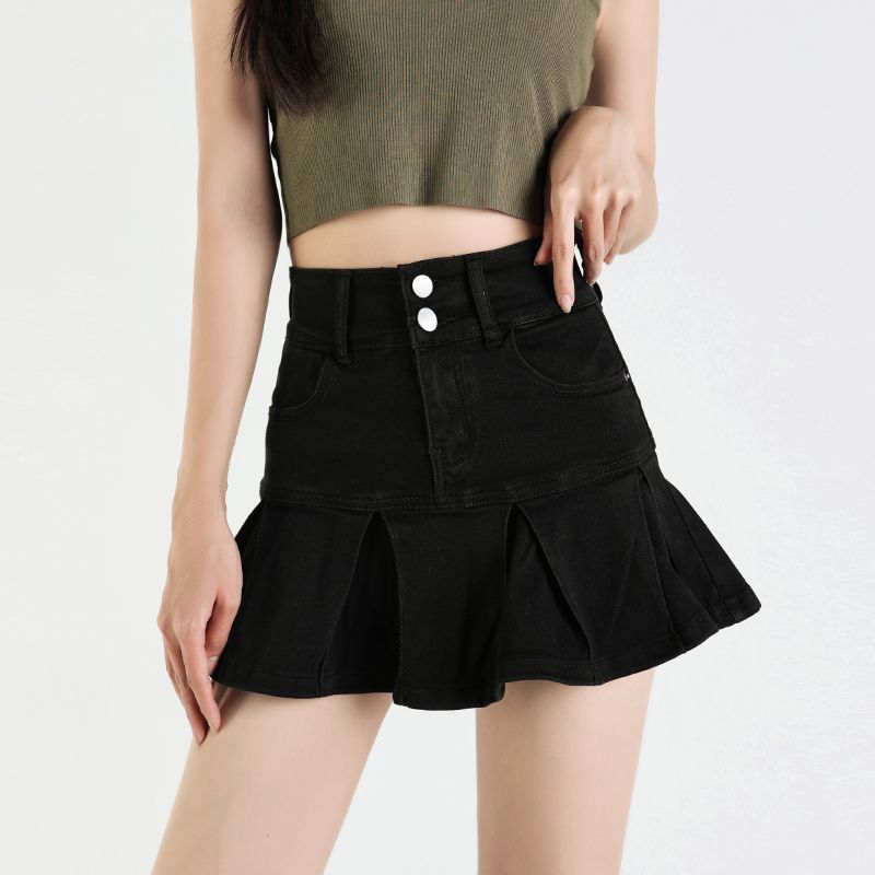 Anti-light lined pleated skirt light blue sexy hot girl small ruffle edge denim short skirt looks tall