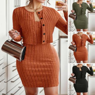 2Pcs/Set Women Knitted Dress Coat Sling Bodycon Set Solid Color Mini Dress Long Sleeve Single Breasted Cropped Coat