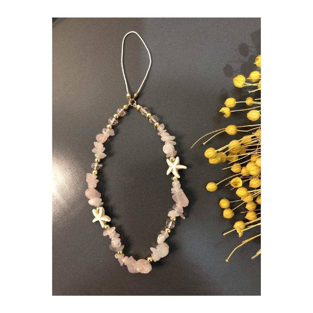 Pink Quartz Natural Stone Pink Crystal Detailed Star Gold Detailed Phone Strap Charm Accessory Rope