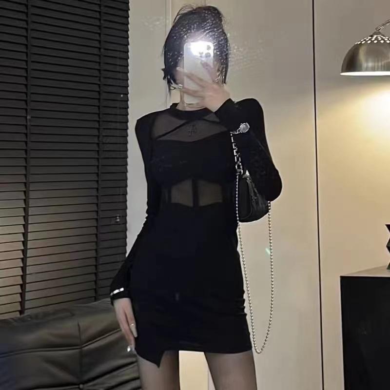 Autumn new high-end black hot girl sexy hip skirt mesh splicing hollow pure desire style slim dress
