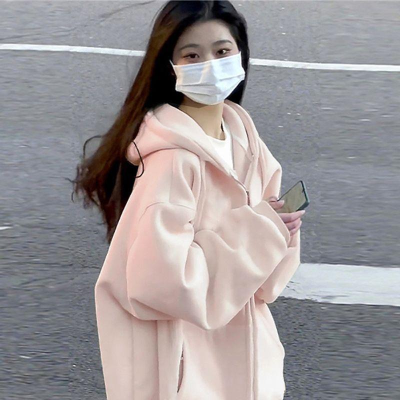 

Sweatshirt Outwear Women s Spring and Autumn 2025 New Arrival Best Selling Thickened Spring Hooded Cardigan Jimo Korean Style Idle Style Thick Leather pink L