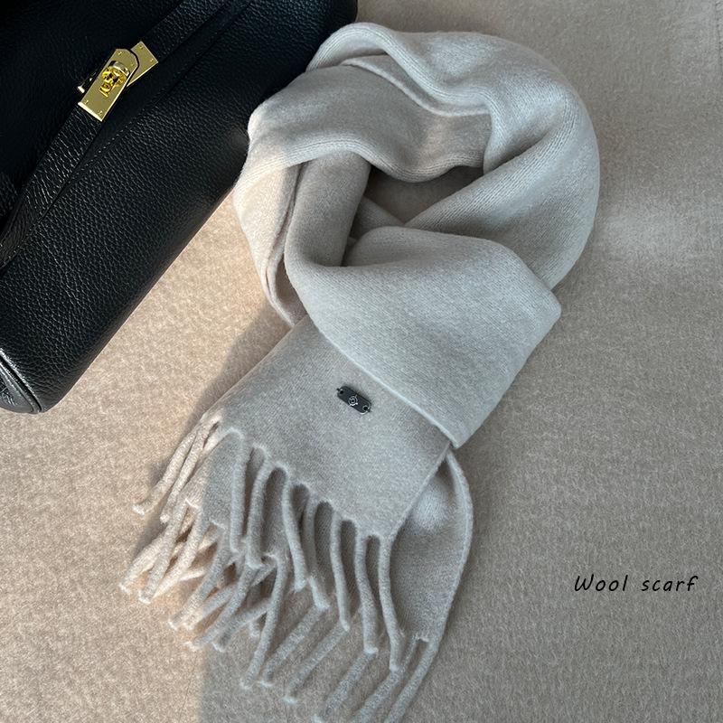 

Women s Winter Wool-Blend Tassel Scarf - Warm & Luxurious Solid Color 160*20cm бежевий