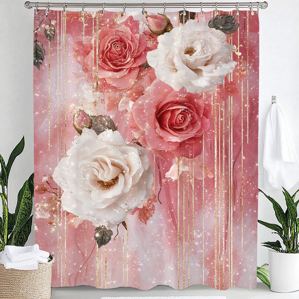 Rosa Blumen Duschvorhang für Damen, Braut, Hochzeit, Rosa Blumen, Romantisch, Geeignet für Mädchen, Hängender Vorhang Mit Haken
