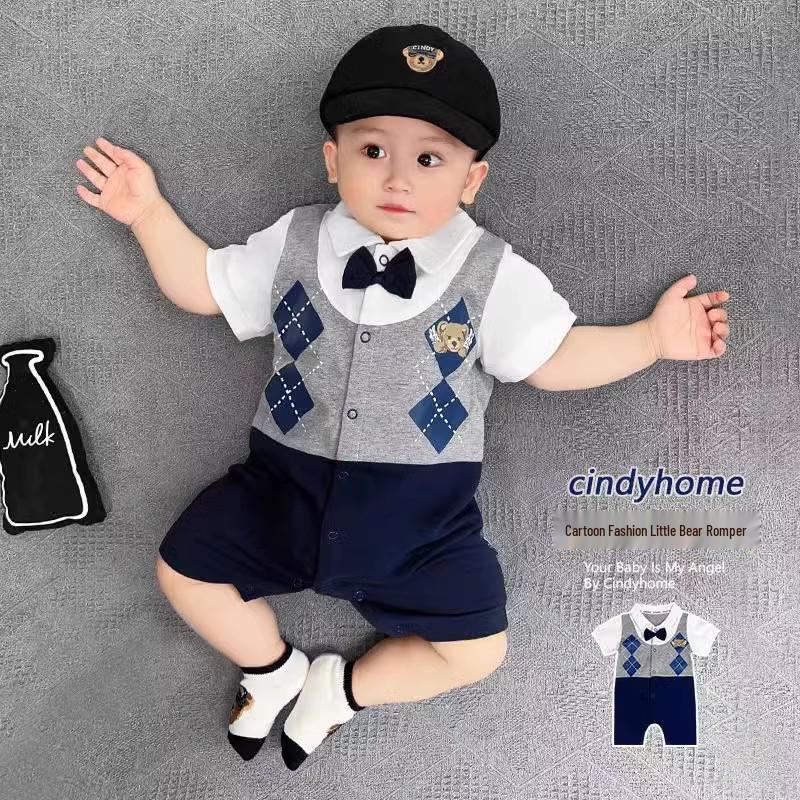 

Преппи ромпер с короткими рукавами и принтом аргайл с мишкой - Летняя одежда для новорожденных 90 cm