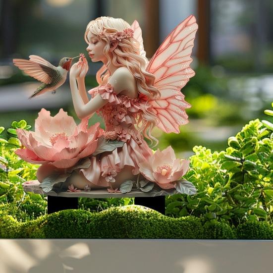 Flower Fairy Garden Stake, 2D Acrylic Fairy Garden Decoration, Waterproof Fairy Hummingbird Yard Art Stake for Lawn Balcony Flower Pot