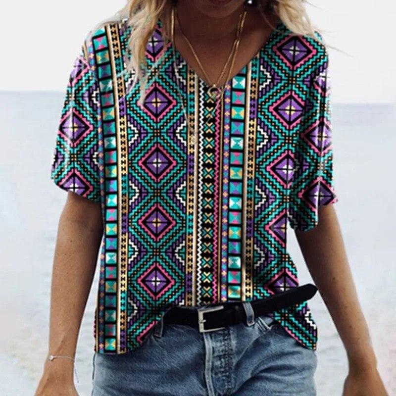 Vintage Women's T Shirts Summer Clothing 3d T Shirts V Neck Oversized Tops Girls Shirt Tees Loose Streetwear Ethnic Apparel 2023