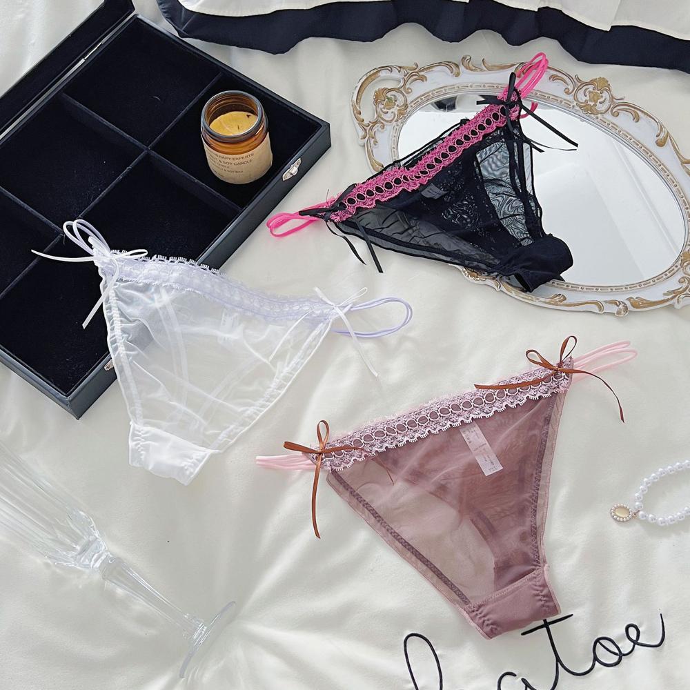 Sexy Damen-Slips Tanga mit Schleife Spitze Jacquard Netz Dünn Transparent Belüftet Niedrige Taille Unterwäsche Der Stoff Ist Bequem Und Weich