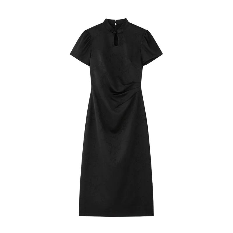 Women s Modified Chinese Style Qipao Dress, Satin Jacquard Cheongsam Midi Dress with Keyhole Neck for Summer 2XL