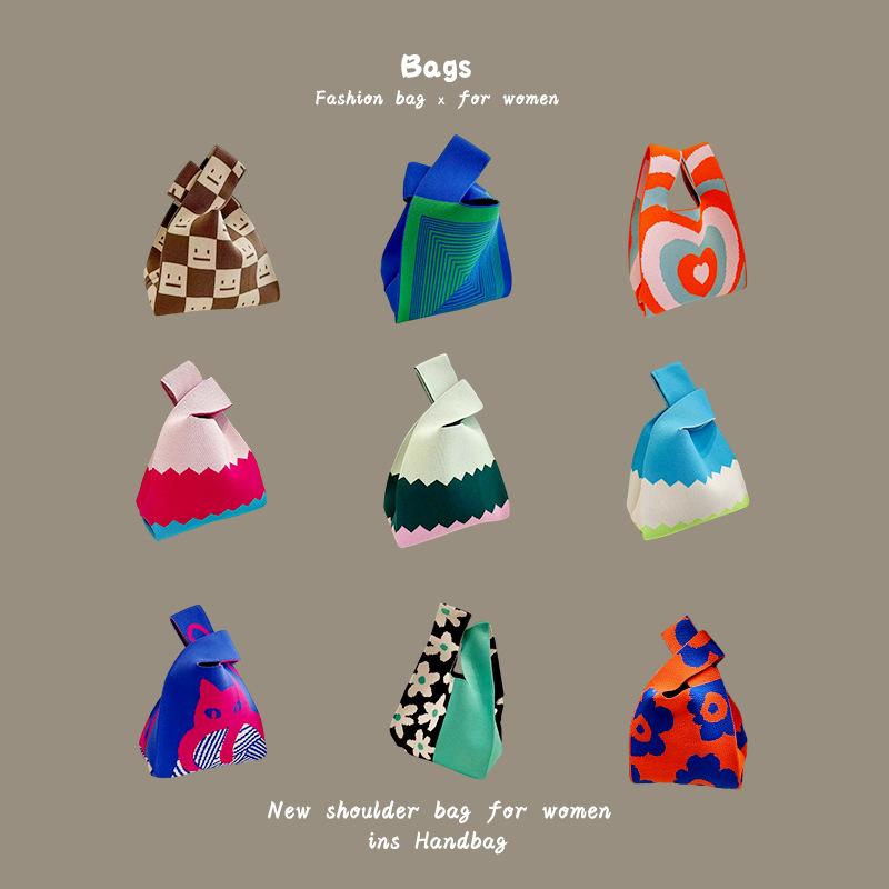 Ins Trendy Handbag Women'S Knitted Wool Bucket Bag Hand Carry Casual Tote Bag Box Lunch Bag