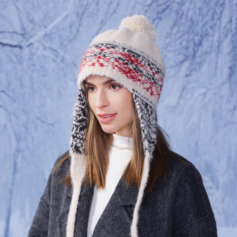 Zimowa czapka ochronna na uszy damska, odporna na zimno, ciepła czapka typu bomber, kolorowa, w paski, dzianinowa, wełniana czapka