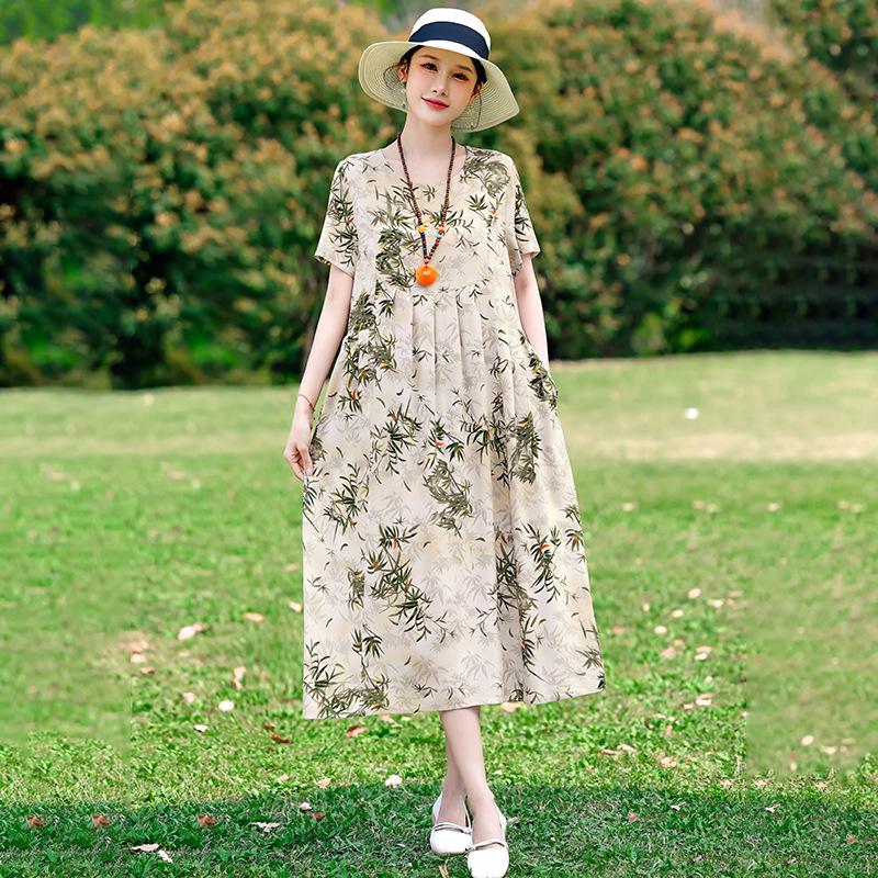 

Elegant Retro Chinese Style Summer Dress - Women s Short Sleeve Cotton Silk Maxi Skirt XL for 90-115 lbs