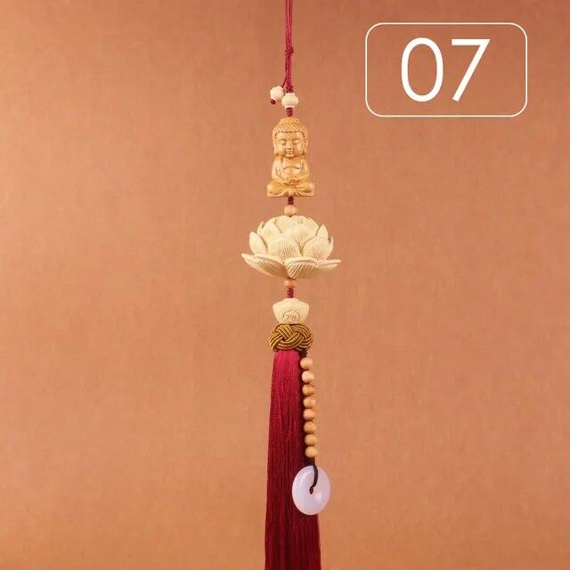 Chinese Style Lucky Fu Wooden Carved Lotus Buddha Statue Pendant Creative Gift Home Car Hanging Accessories Decor Auto Interior