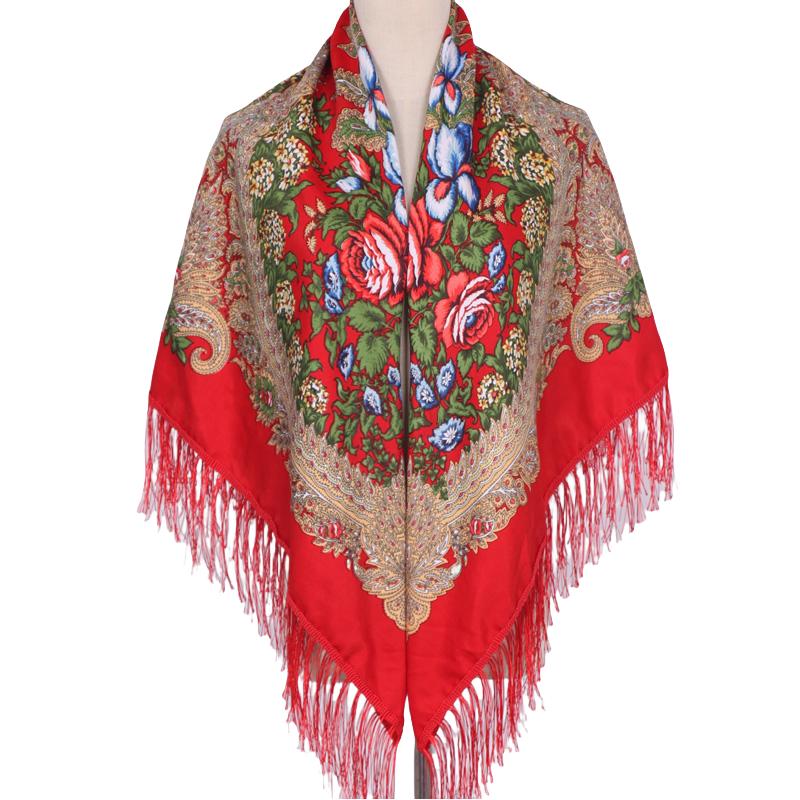 Ethnic Print Tassel Shawl For Women Autumn Winter Warm Square Scarf Bandanas Summer Sun Protection Headscarf Versatile Wrap