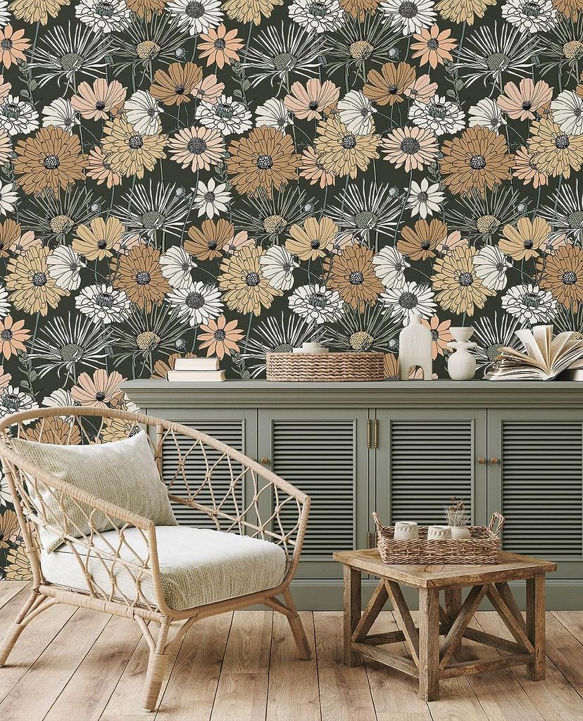 Vintage Grüne Blatt Tapete Selbstklebend Texturiert Boho Blume Kontaktpapier Retro Selbstklebend Abnehmbar Gänseblümchen Wandbild Dekor