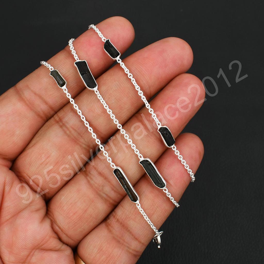 Natural Black Tourmaline Gemstone 925 Sterling Silver Plated Chain Minimalist Crystal Necklace, Adjustable Healing Stone Jewelry
