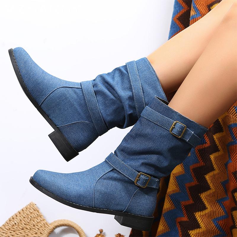 Fashion Cowboy Chunky Woman Mid Calf Boots Designer Casual Cozy Walking Shoes 2024 Winter New Trend Dress Fashion Goth Zapatillas Female