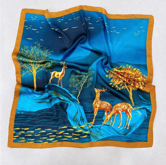 Luxury Silk Square Scarf Women Shawl Fashion French Flower Print Design Satin Hijab Wraps Neckerchief Female Hair Bands 70*70Cm