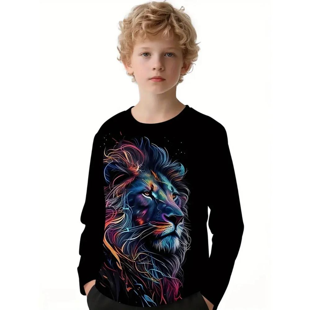 Spring and Autumn Round Neck 3D Animal Printed Top Fashionable Casual Long Sleeved Children's Boy T-shirts
