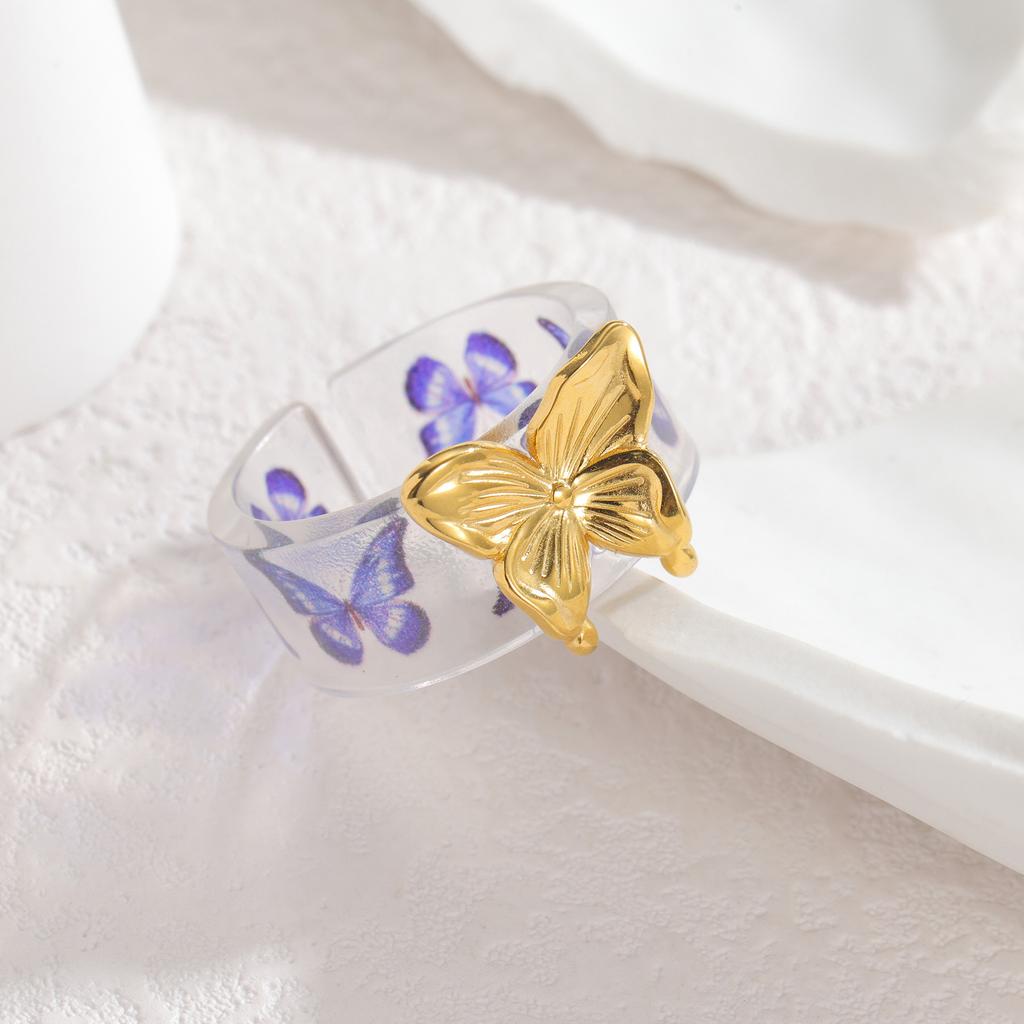Stainless Steel Romantic Flower Butterfly Rings for Women  Coloful Adjustable Open Ring Daily Jewelry Gift Accessories