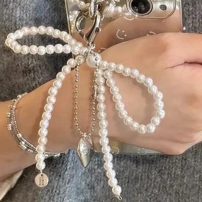 Weißer Schleife Herz Schlüsselanhänger Damen Koreanisch Süßer Anhänger Perle Schleife Rucksack Schlüsselring Handgefertigter Schmuck Ornament Taschenanhänger Geschenke