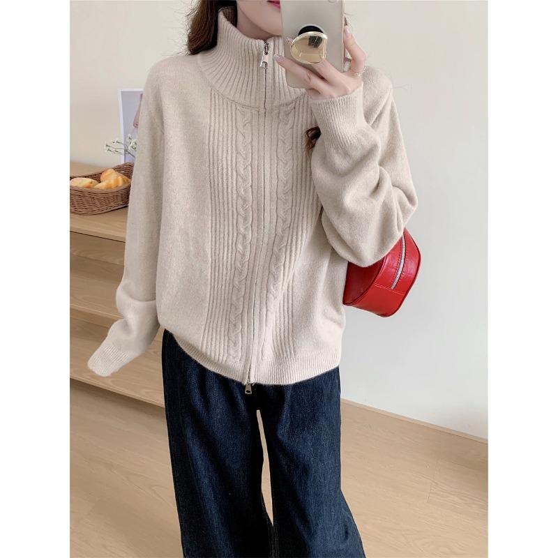 Double Zipper Twist Lapel Sweater Jacket Women's Autumn and Winter New Loose Simple Lazy Wind Knitted Cardigan