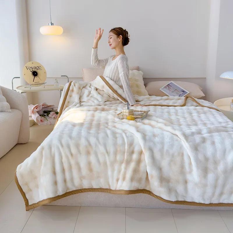 New Modern Minimalist Thick Rabbit Fur Blanket With Solid Color Printed Flannel Winter Nap Suitable For Bedroom Warming Products