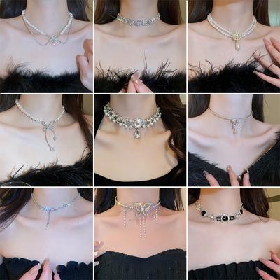 Colar de diamante super brilhante de luxo leve com nó de laço, colar de borla de pérola, colar personalizado da moda, corrente de colar de alto sentido, presente