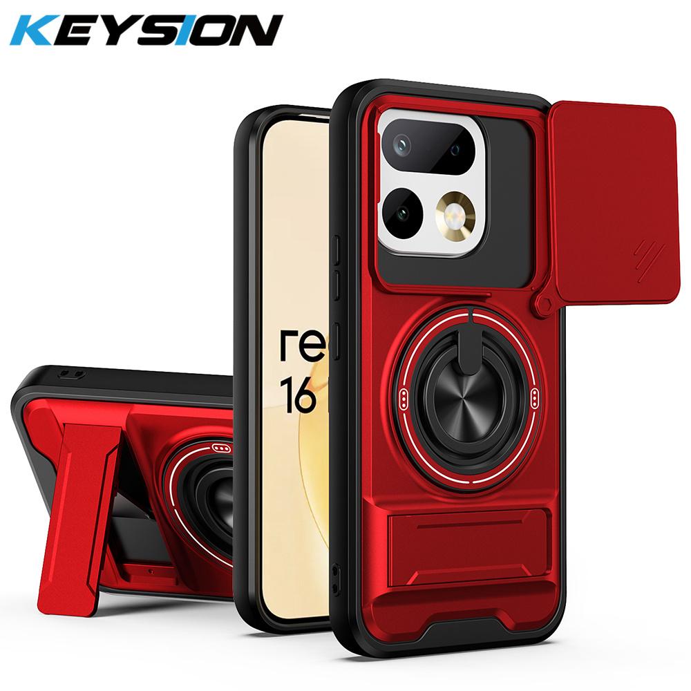 KEYSION Magnetic Phone Case for Realme 16T 5G Slide Camera Lens Protection Upright Kickstand 360° Ring Shockproof Back Cover