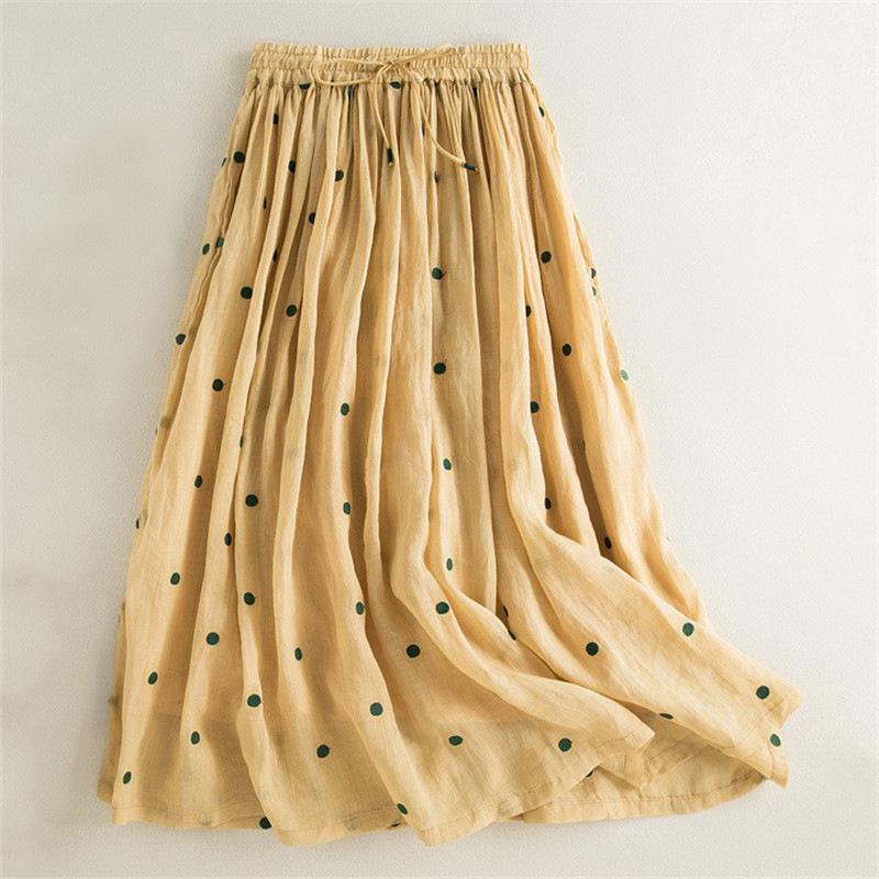 2025 Spring/Summer Women's Cotton Linen Polka Dot Pleated Midi Skirt with Elastic Waist
