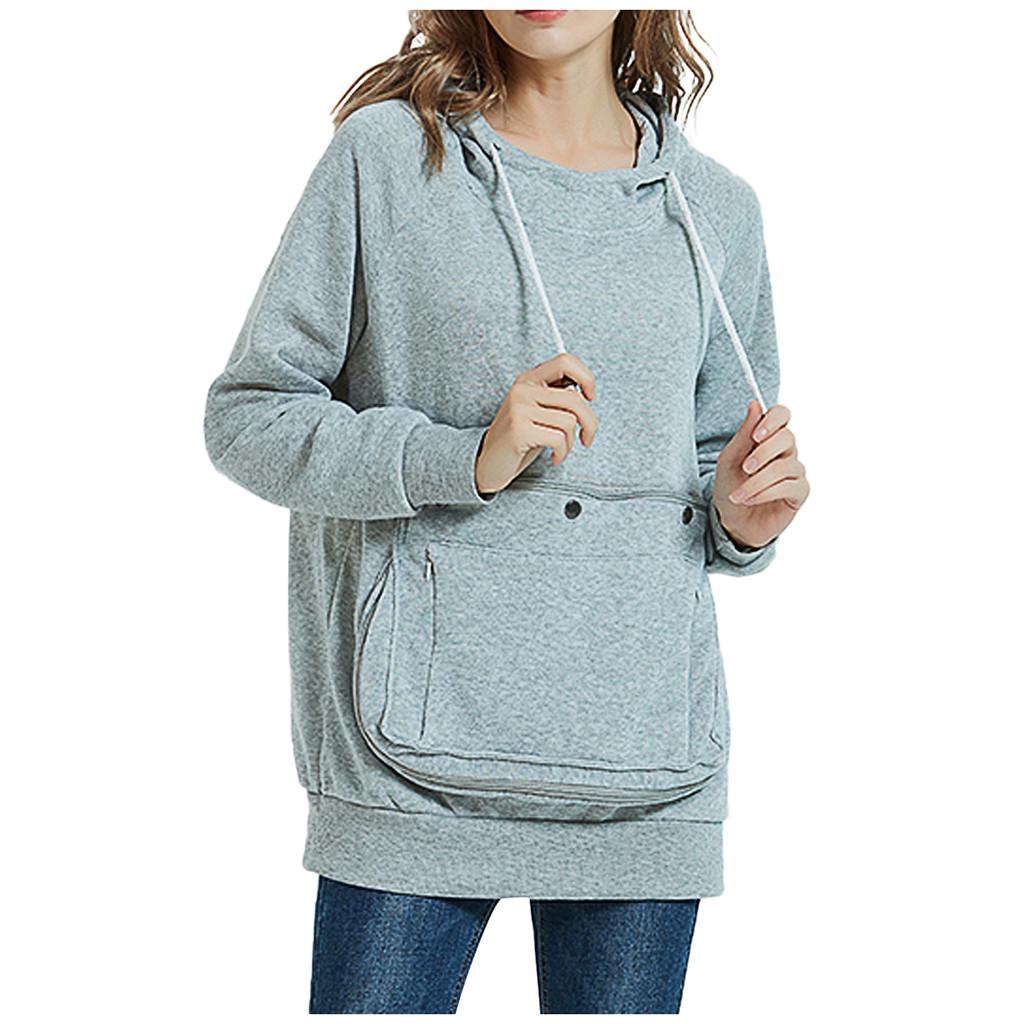 Fashion Women's Solid Big Pocket Long Sleeves Hooded Sweatshirt Blouse Tops