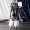 Women's Ethnic Print Retro Stand Collar Midi Shirt with Frog Button, Sun Protection, Loose Fit, Plus Size Outerwear.