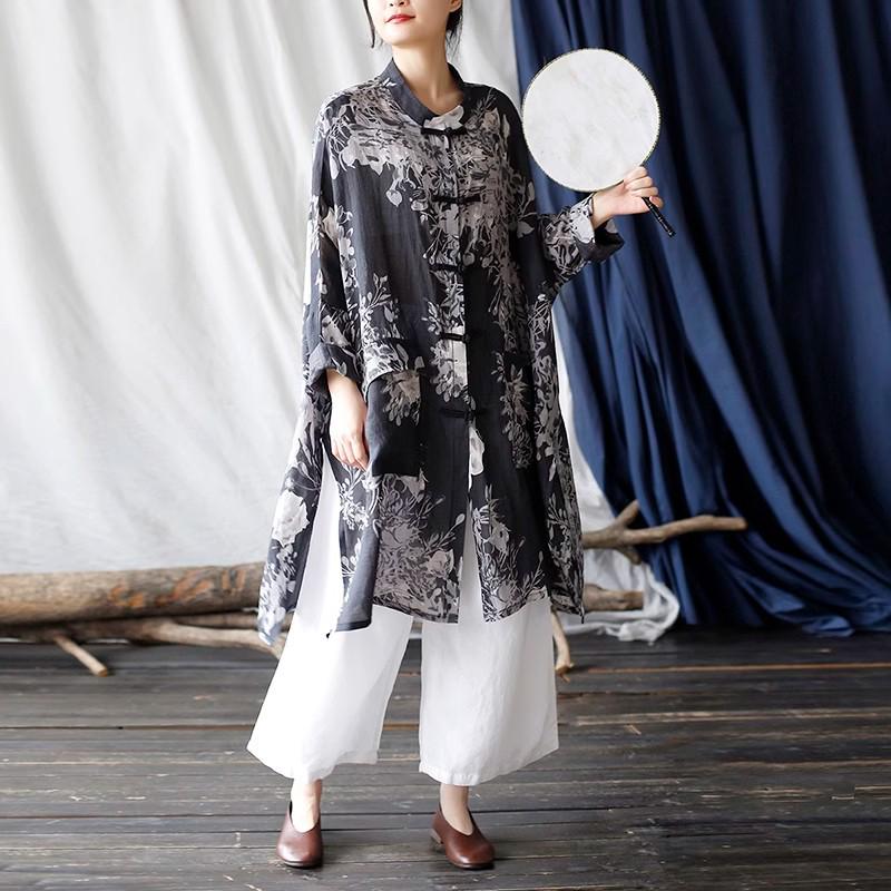 Women's Ethnic Print Retro Stand Collar Midi Shirt with Frog Button, Sun Protection, Loose Fit, Plus Size Outerwear.