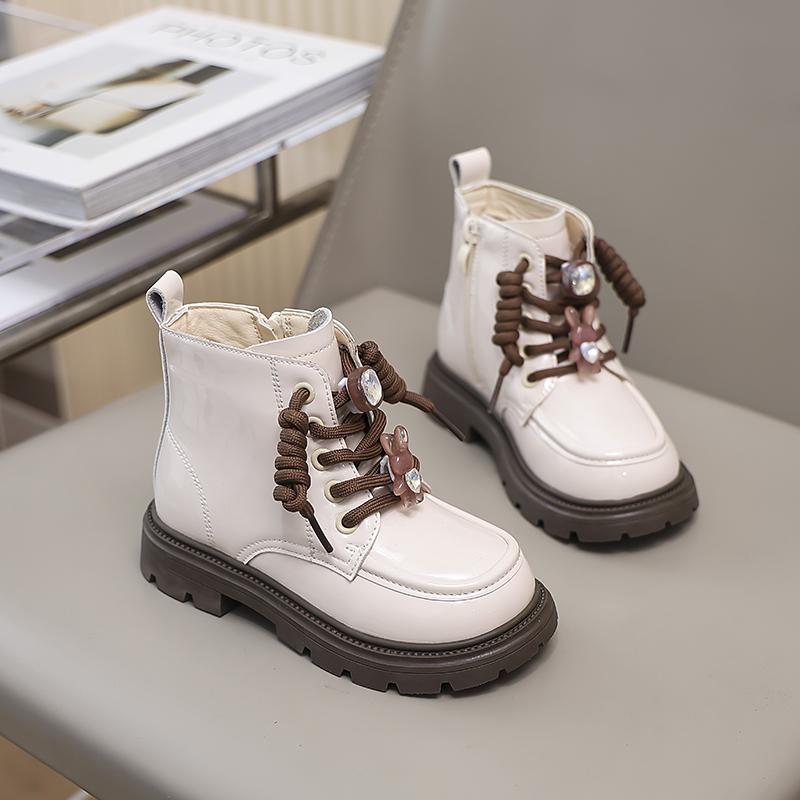 Luxury Girl Winter Boots Cute Rabbit Kids Fashion Princess Ankle Boots Thick Bottom Glossy PU Children Cotton Boots Side Zipper